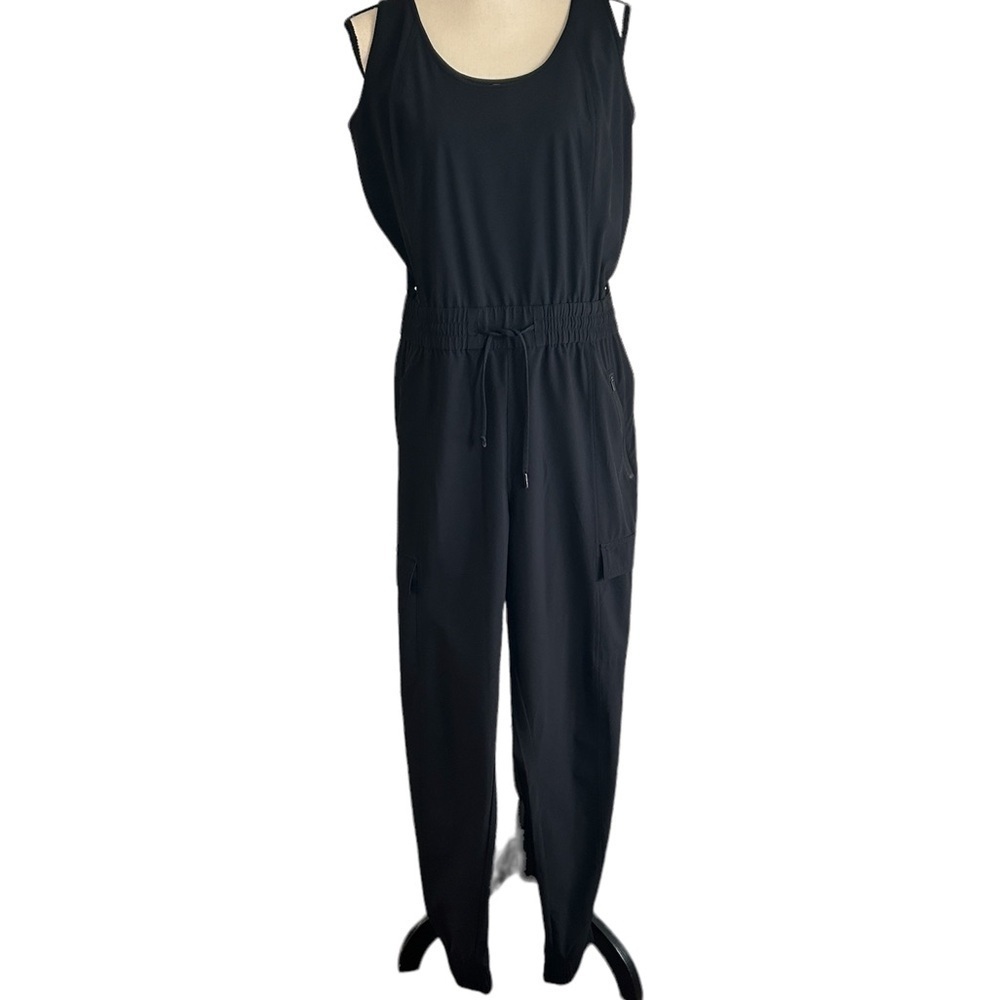 Athleta Unbound Black Jumpsuit Sleeveless Drawstring Waist Pockets size Large